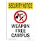 Signmission OSHA Security Sign, 18" Height, Rigid Plastic, Weapon Free Campus, Portrait OS-SN-P-1218-V-11792 - alternate 1